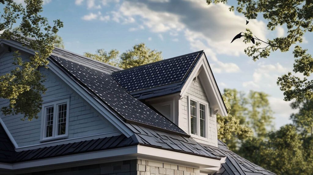 House roof with gray shingles and dormer windows under trees and a cloudy sky