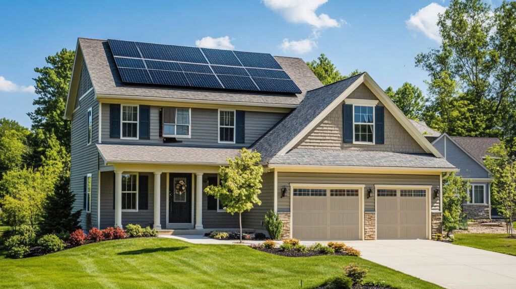 Suburban house with solar panels, two-car garage, and a green lawn under a sunny sky