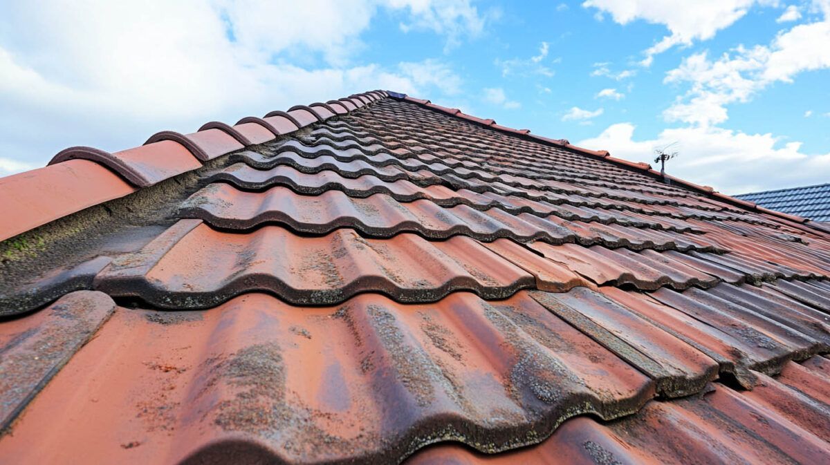 Close-up of a red tiled roof with wavy clay shingles under a cloudy blue sky