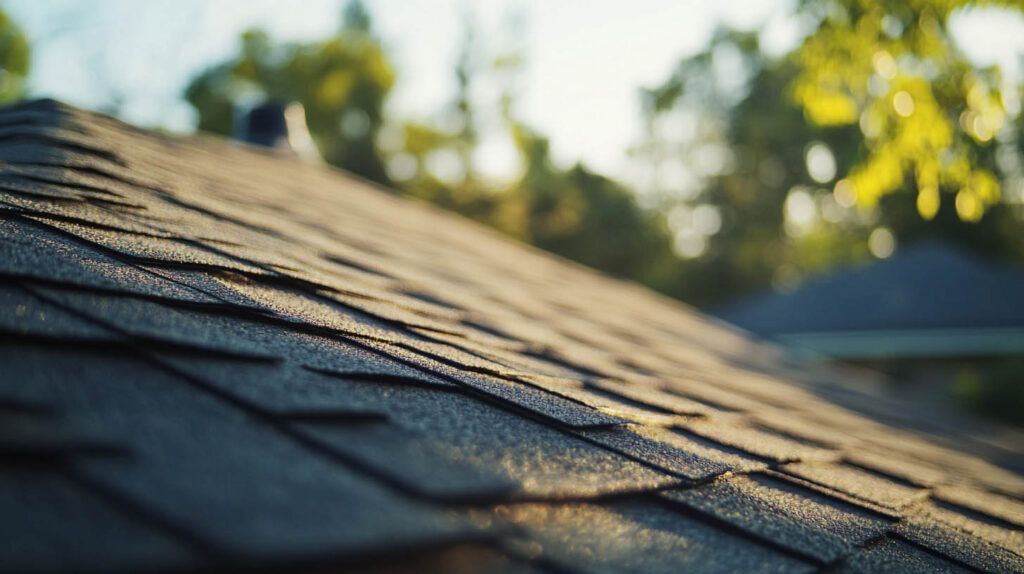 Close-up of sunlit roof shingles with blurred trees and houses in the background