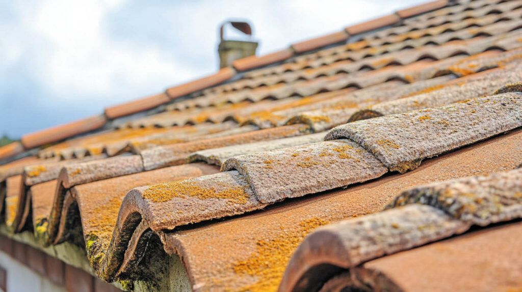 Close-up of a weathered orange-tiled roof with moss along the ridges against a blurred sky.