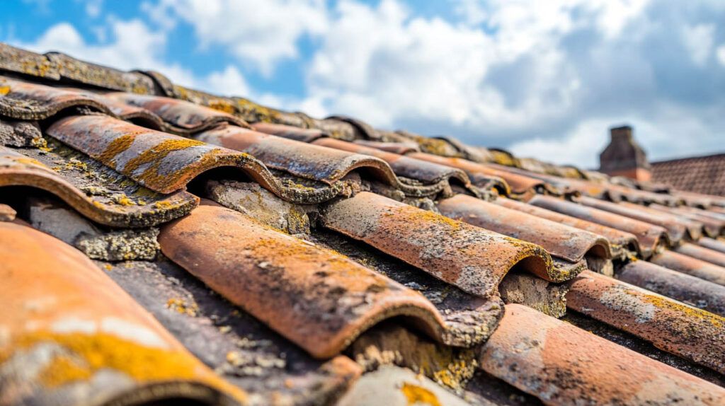 Close-up of weathered terracotta roof tiles under a cloudy sky