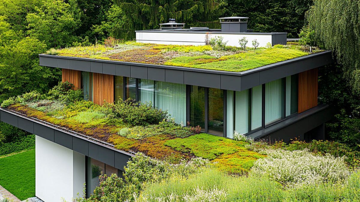 Modern house with a green roof garden and large glass windows, surrounded by lush greenery
