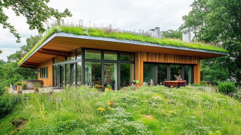 Modern eco-friendly house with a green roof, large windows, and wildflowers in a lush garden.
