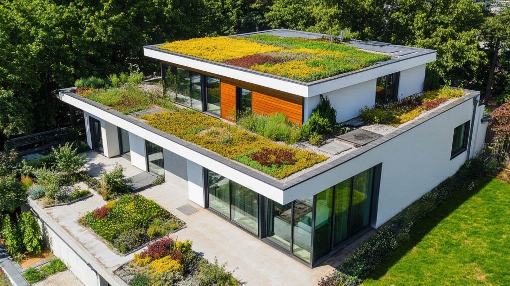 Modern house with rooftop garden and green landscaping, viewed from above