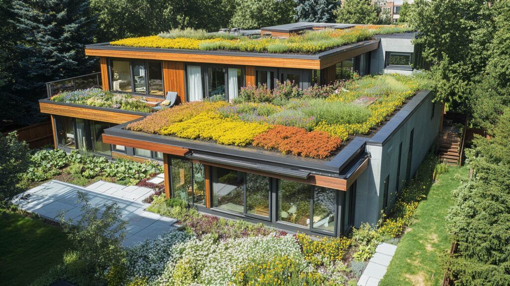 Modern house with green roof garden and terraces surrounded by lush trees