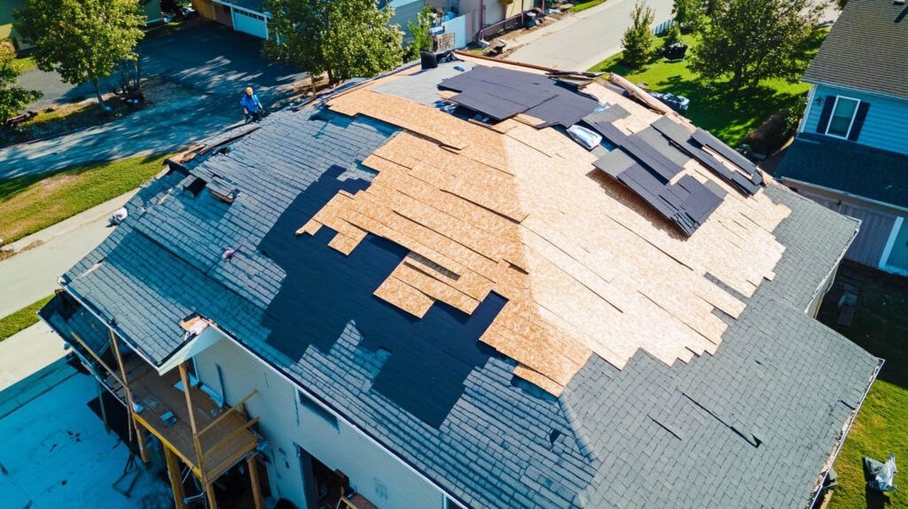 Aerial view of a house roof with sections covered by blue tarps and sunlight on the shingles