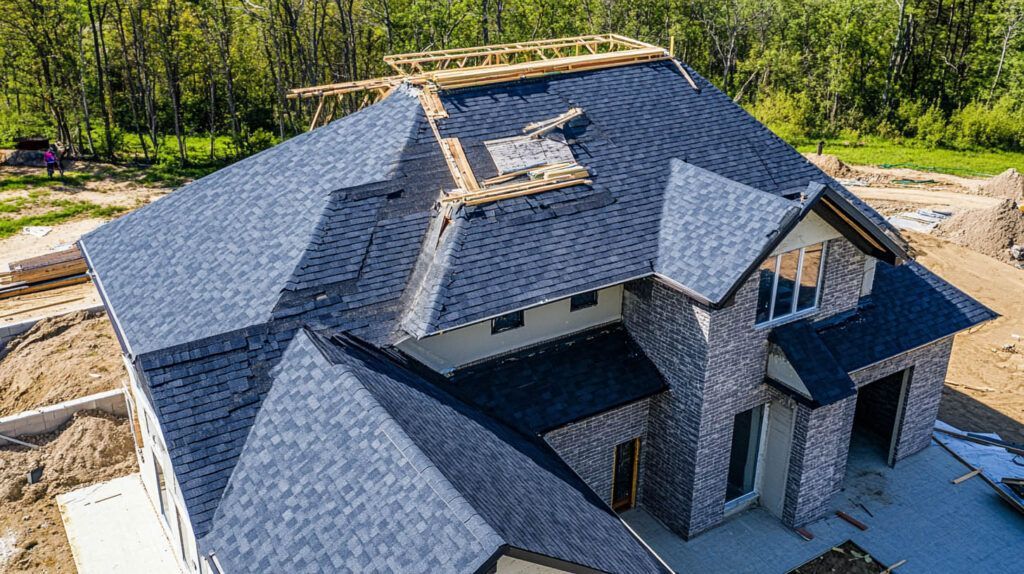 Aerial view of a house under construction with dark blue shingle roof and exposed framing