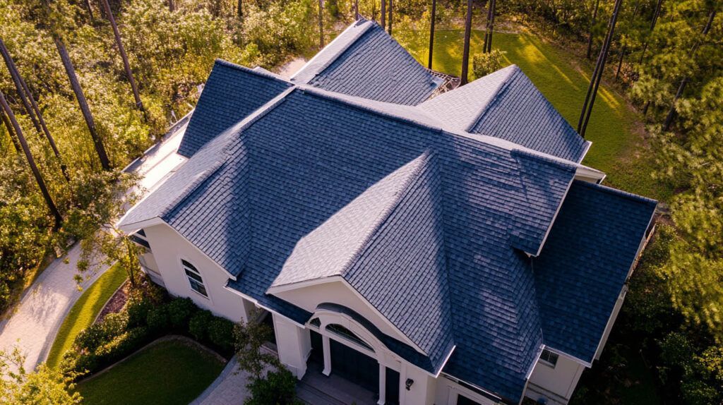Aerial view of a large house with a gray shingled roof surrounded by trees and a curved driveway