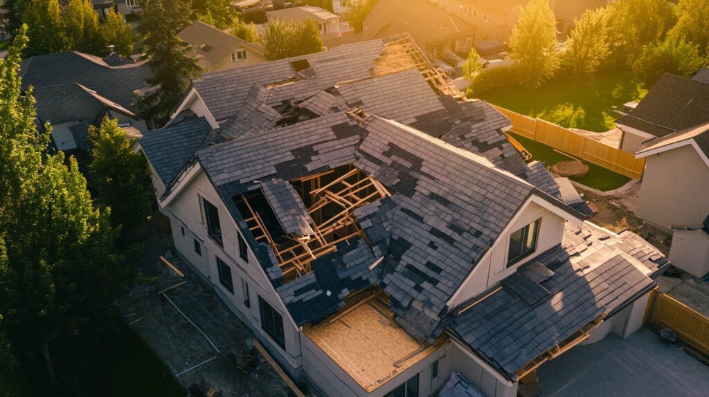 Aerial view of a house with a damaged roof at sunset, surrounded by trees.