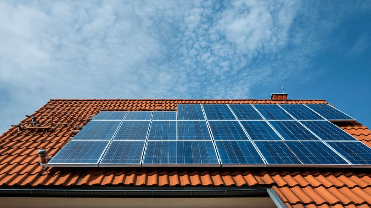 Solar panels on a red tiled roof against a blue sky with clouds