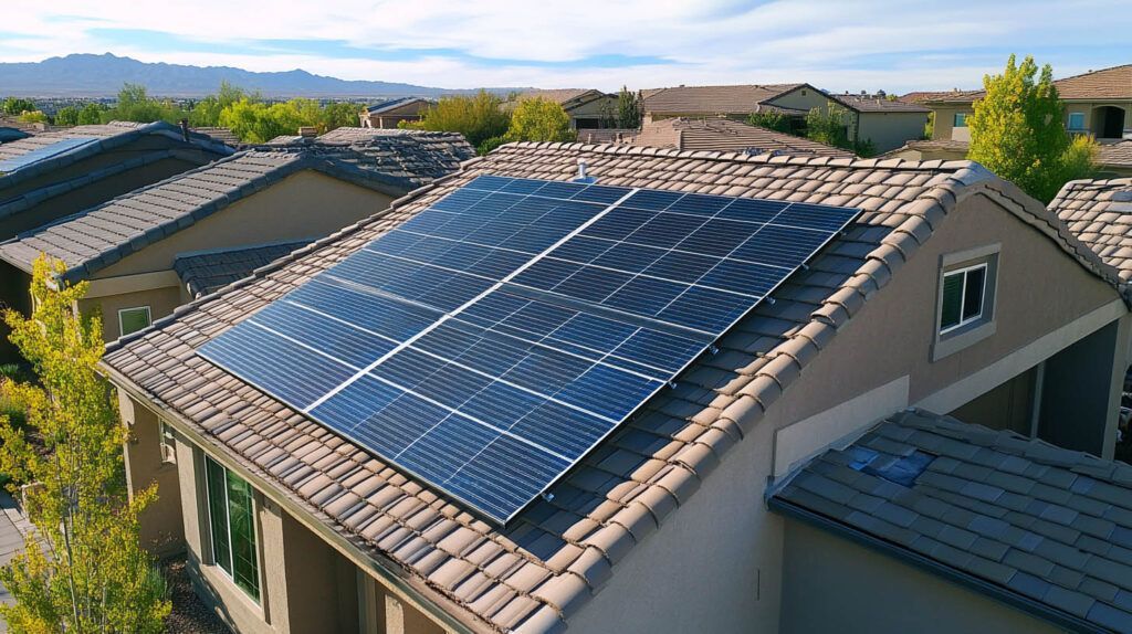 Rooftop solar panels on a house with gray shingles, set against a sunny suburban landscape.