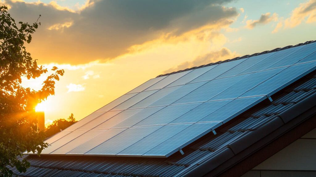 Solar panels on a rooftop at sunset with golden sky and clouds