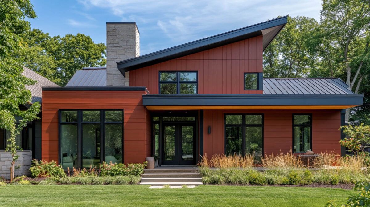 Modern red-and-black house with large windows, front lawn, and a central stone chimney