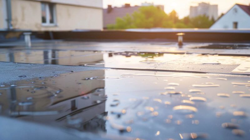 Rainwater on a flat rooftop at sunset, reflecting warm light and nearby buildings.
