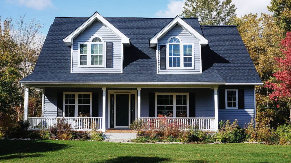 Blue two-story suburban house with white trim, front porch, and gabled dormers on a sunny lawn