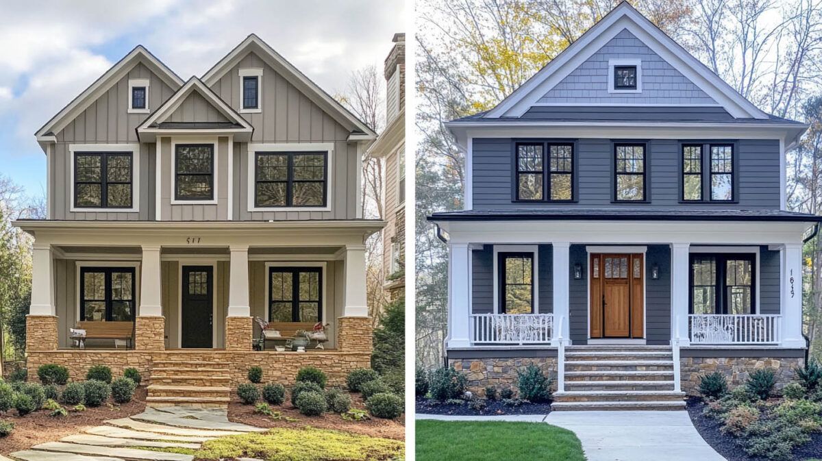 Two front views of suburban houses, one tan with stone accents and one blue-gray with a porch.