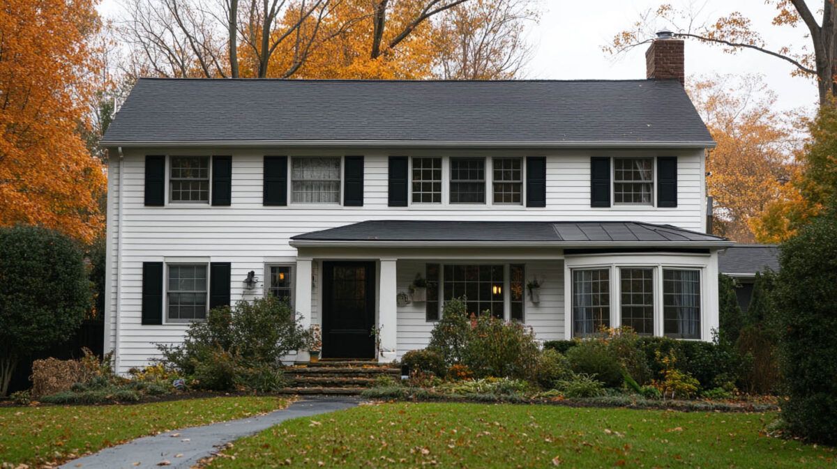 White two-story house with black shutters and autumn trees in the yard