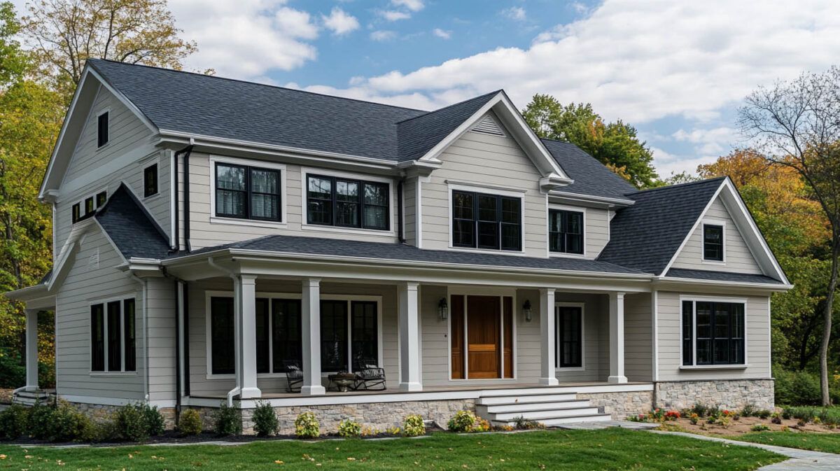 Large gray two-story house with a front porch, white trim, and manicured lawn under a partly cloudy sky