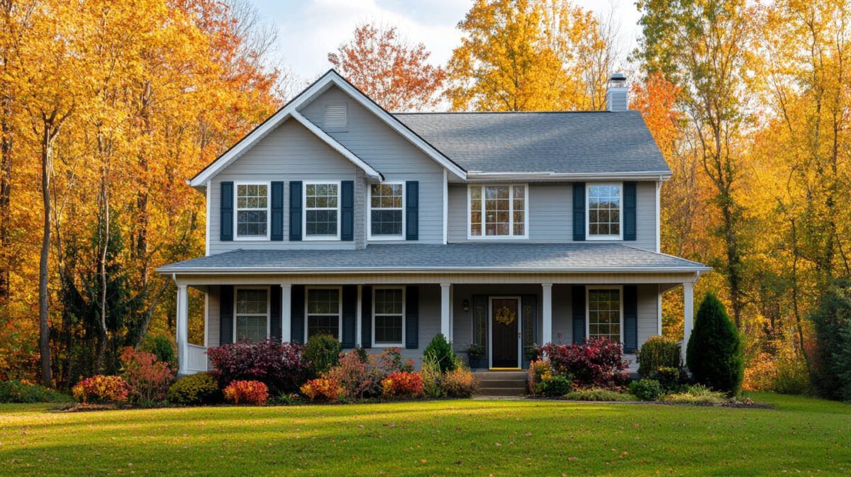 Two-story blue-gray house with a wraparound porch, autumn trees, and a green lawn.