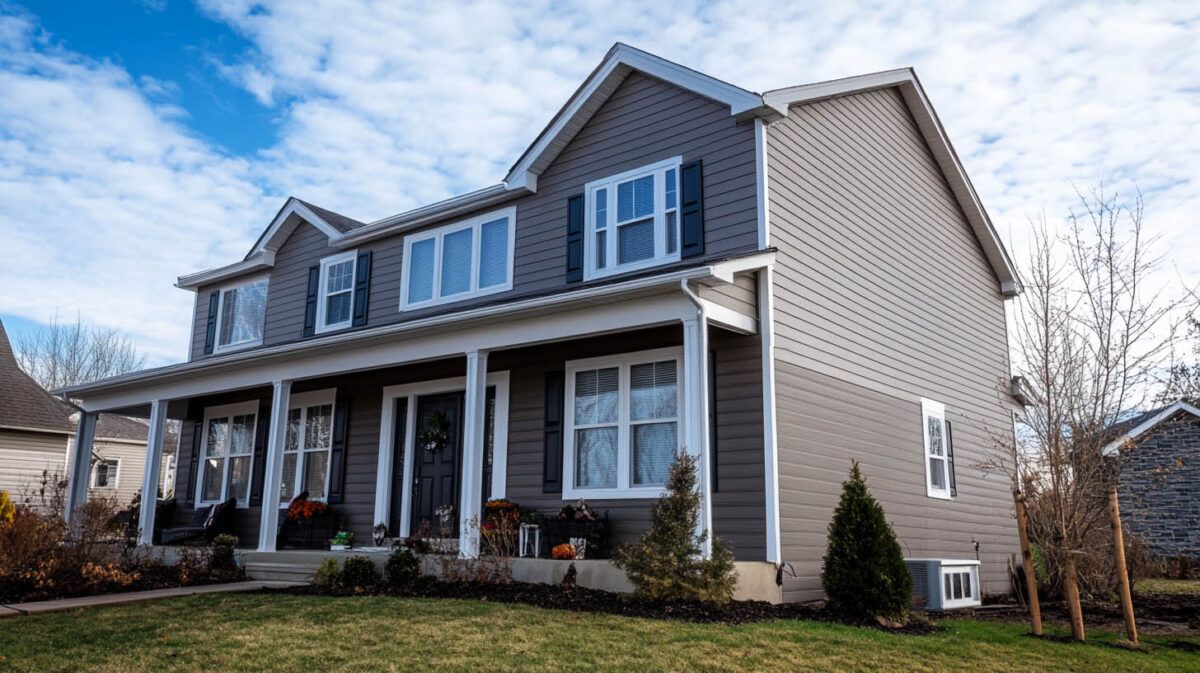 Two-story suburban house with gray siding, white trim, and a front porch under a partly cloudy sky
