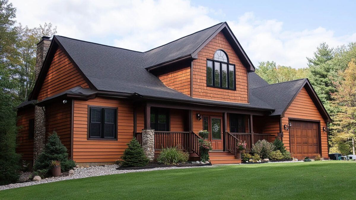 Rustic brown wooden house with black roof, front porch, and green lawn surrounded by trees
