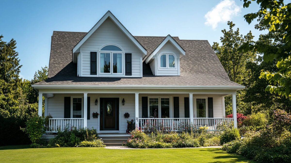 White two-story house with a front porch, dormer windows, and a manicured green lawn under a sunny sky