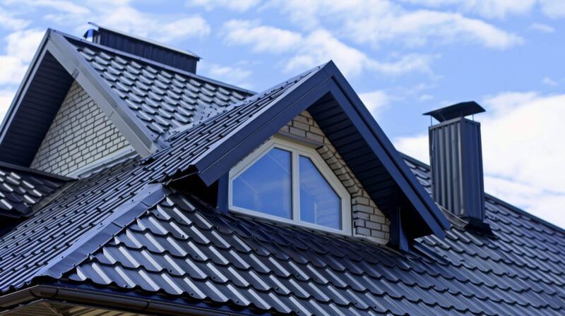 Dark blue shingled house roof with dormer windows and a chimney against a cloudy sky