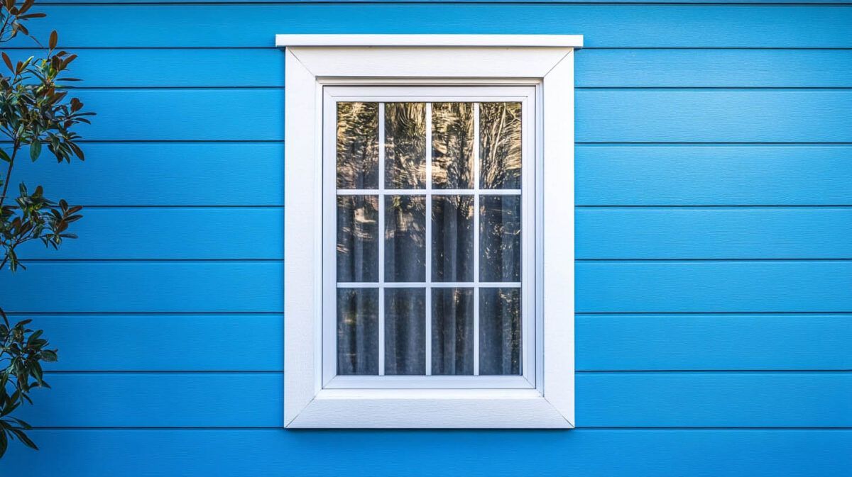 White-framed window on a bright blue exterior wall with white trim