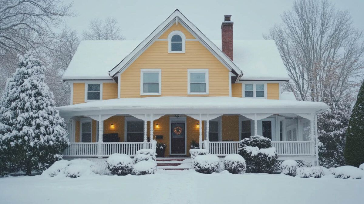 Yellow house with lit porch lights in a snowy winter landscape