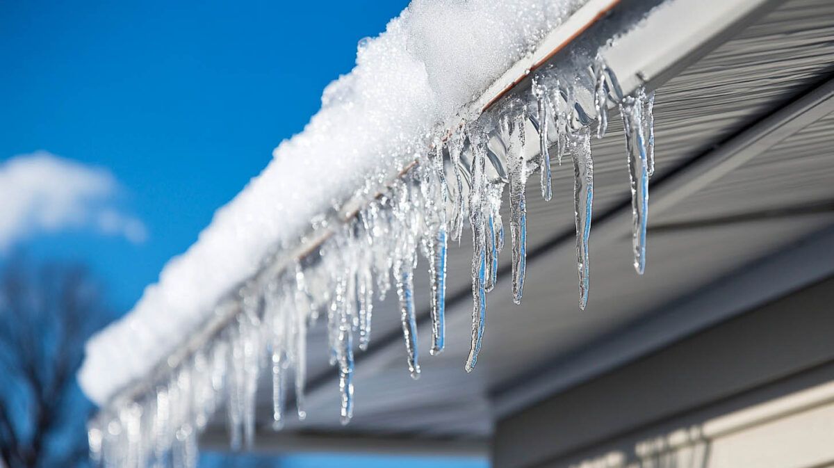 Icicles hanging from a snow-covered house roof against a blue sky