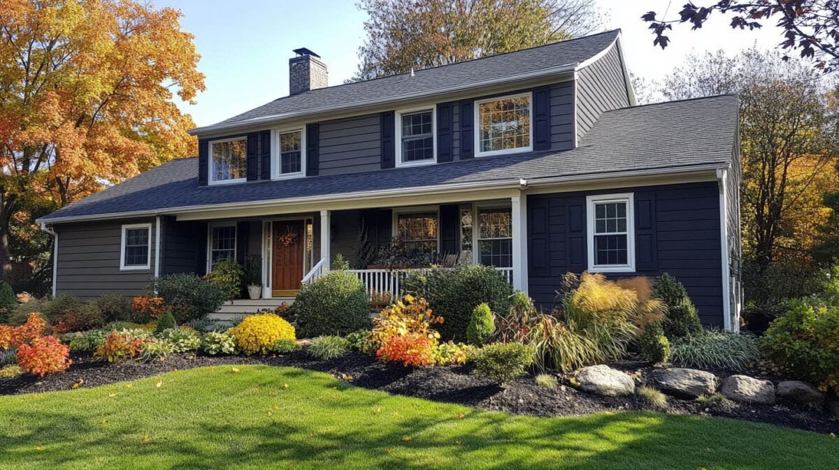 Blue two-story house with black shutters, autumn landscaping, and a green lawn