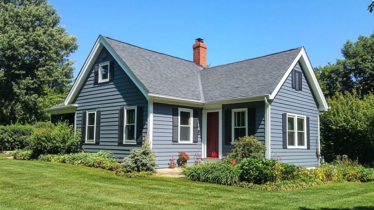 Blue cottage with white trim, red door, and chimney, set in a sunny green yard.