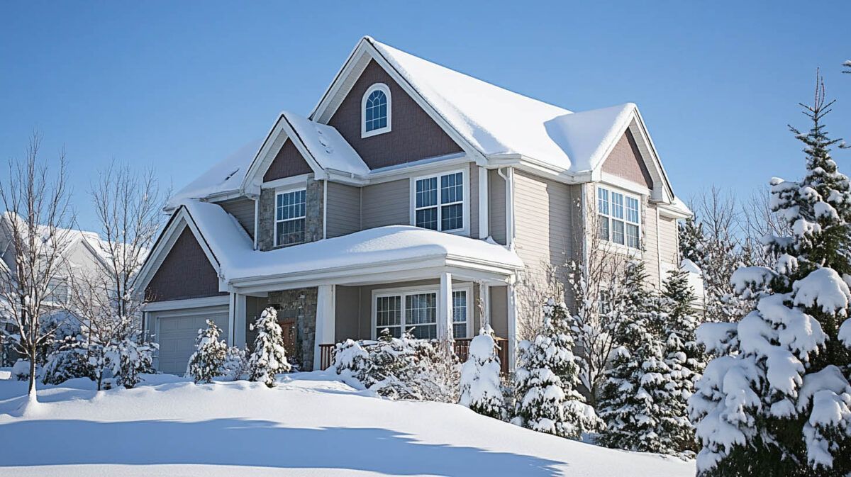 Snow-covered suburban house with a porch and tall evergreens on a clear winter day