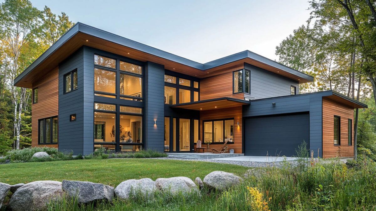 Modern two-story house with dark wood and stone exterior, large windows, and a garage surrounded by trees and rocks