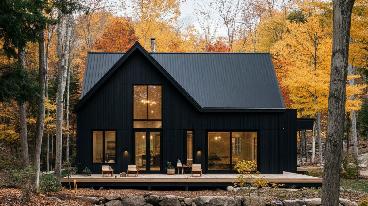 Black modern cabin with lit windows in an autumn forest