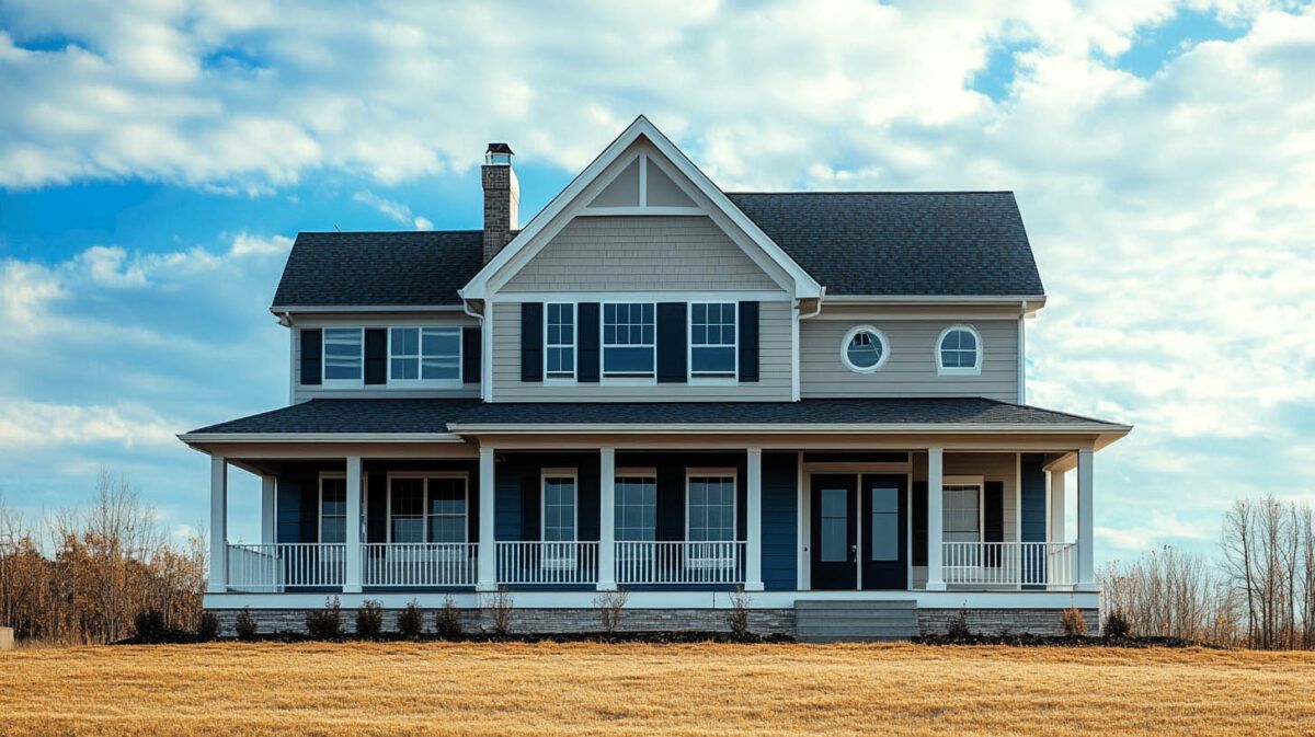 Large white farmhouse with dark roof and wraparound porch under a blue sky in an open field
