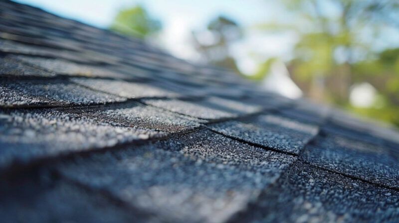 Close-up of dark gray asphalt roof shingles with blurred trees and sky in the background
