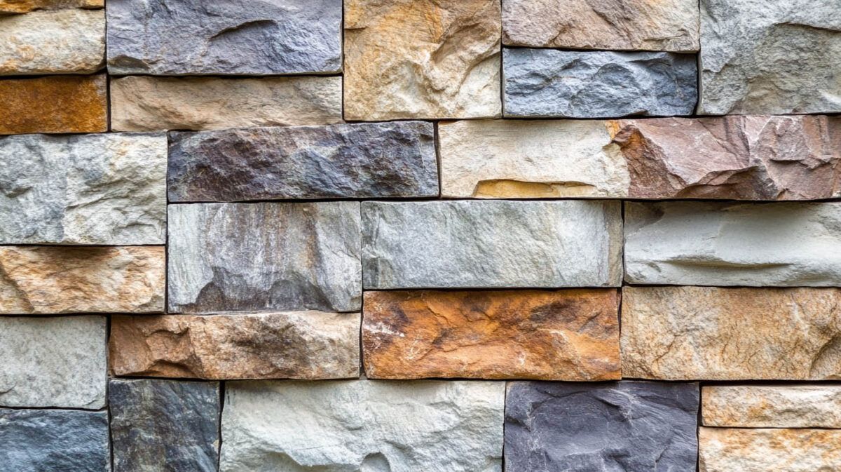 Stacked multicolored stone wall with gray, tan, and rust tones