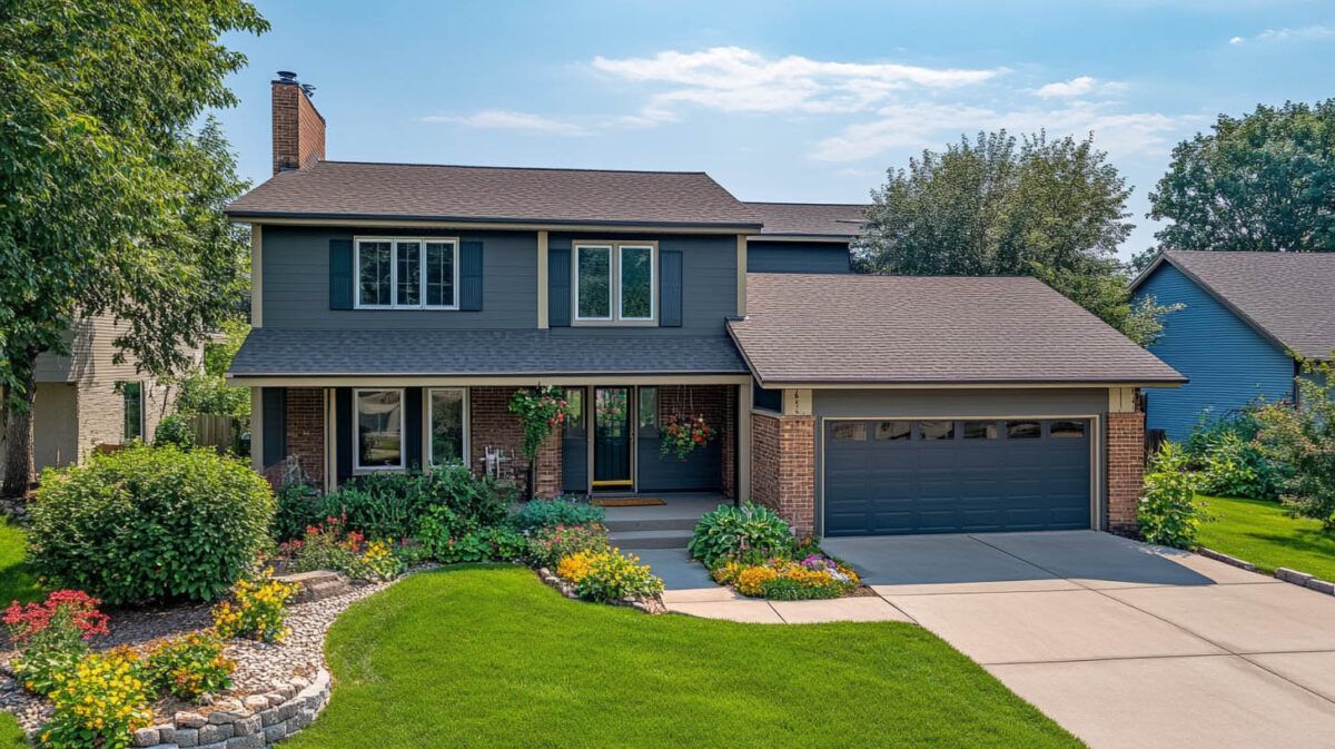 Two-story suburban house with a front porch, attached garage, and landscaped yard on a sunny day