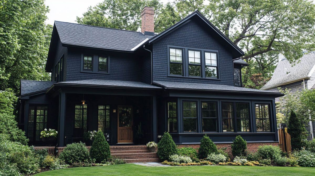 Dark blue two-story house with a covered porch and brick chimney surrounded by trees and a green lawn