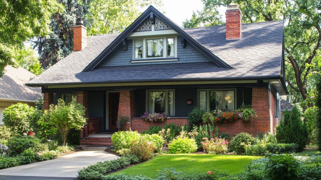 Brick bungalow house with a dark roof, front porch, and lush green garden in sunlight