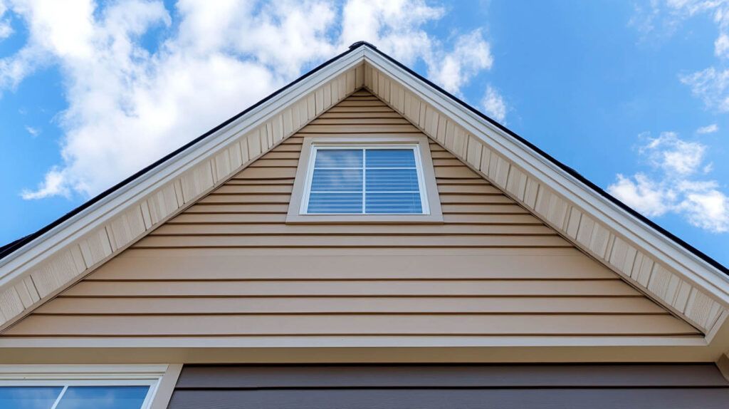 Front gable of a beige house with white trim and a small window against a blue sky with clouds
