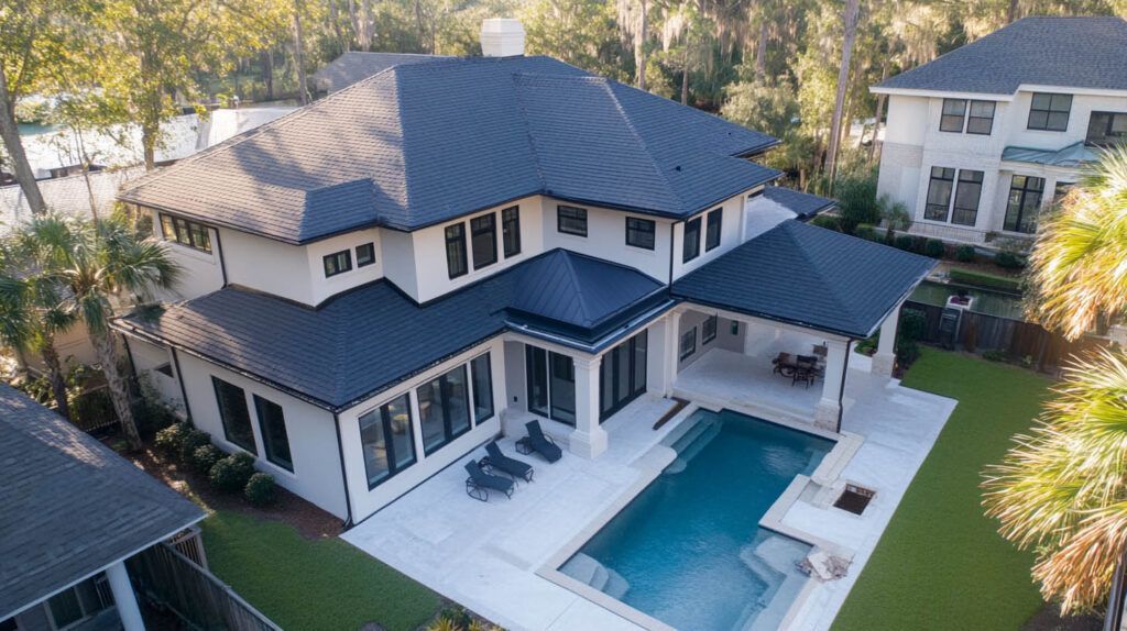 Aerial view of a modern two-story house with a blue-gray roof and backyard pool surrounded by trees.