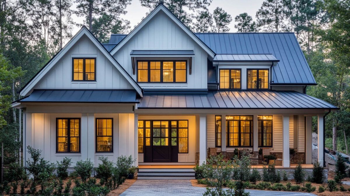 Two-story white house with lit windows and a metal roof at dusk, surrounded by trees and shrubs