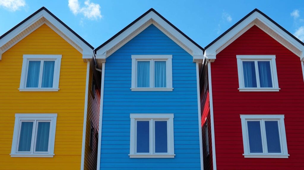 Three colorful townhouse facades in yellow, blue, and red with white-trimmed windows under peaked roofs