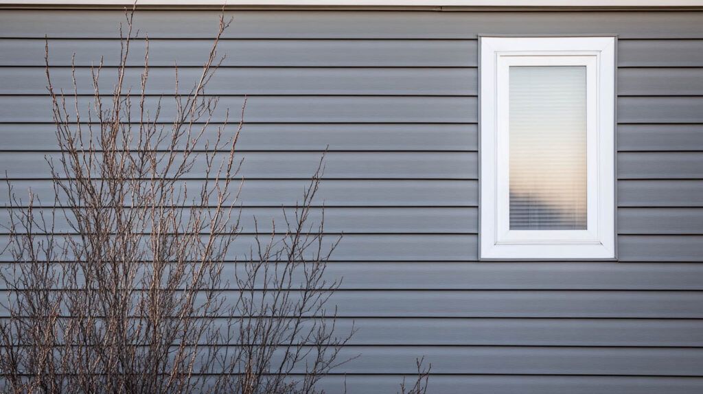 Gray house siding with a small white-framed window and bare branches in the foreground