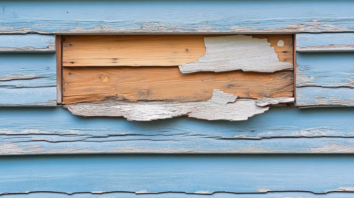Weathered blue wooden siding with peeling paint revealing bare wood underneath