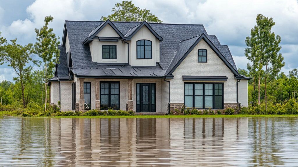 Two-story house surrounded by floodwater, with trees and cloudy sky in the background