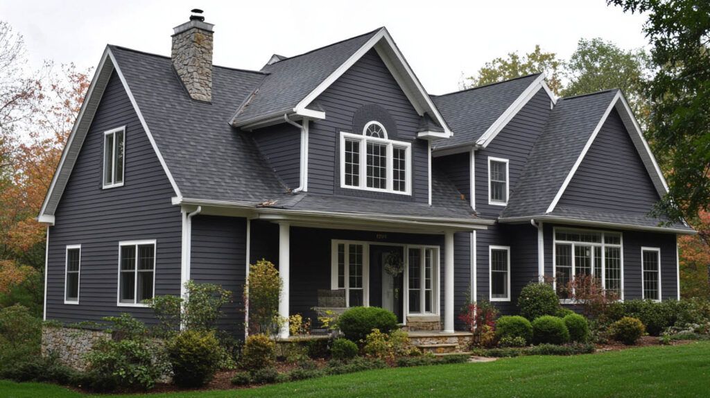 Gray two-story suburban house with white trim, front porch, and landscaped lawn